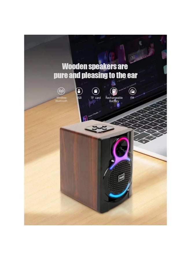 برودو مكبر صوت بلوتوث لاسلكي BTS-1825 بقوة 10 واط إضاءة RGB ملونة وتصميم خشبي محمول - Image 3